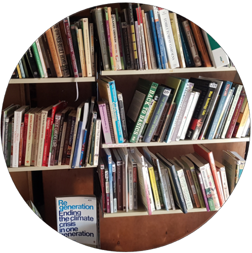 Picture of library shelf in circle
